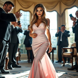 In the elegant Oval Office, an 18-year-old Arabic woman stands out with her gorgeous thin and petite frame, characterized by small breasts, a tiny waist, and very wide hips