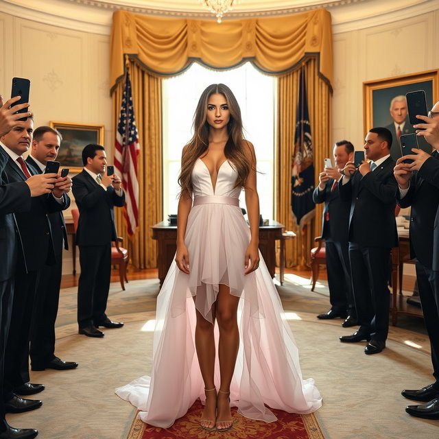In the elegant Oval Office, an 18-year-old Arabic woman stands out with her gorgeous thin and petite frame, characterized by small breasts, a tiny waist, and very wide hips