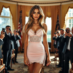 In the iconic Oval Office, an 18-year-old Arabic woman stands gracefully, showcasing her gorgeous thin and petite figure, which features small breasts, a tiny waist, and very wide hips