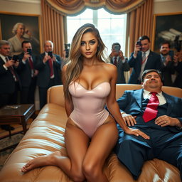 In the elegant Oval Office, an 18-year-old Arabic woman captivates with her stunning appearance as she sits gracefully on a luxurious bed