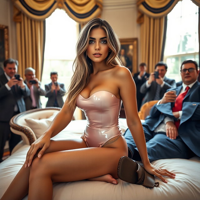 In the prestigious Oval Office, an 18-year-old Arabic woman effortlessly commands attention as she sits elegantly on an opulent bed
