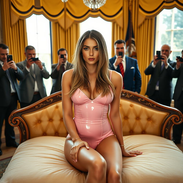 In the prestigious Oval Office, an 18-year-old Arabic woman stands out with her breathtaking beauty as she sits on a luxurious bed