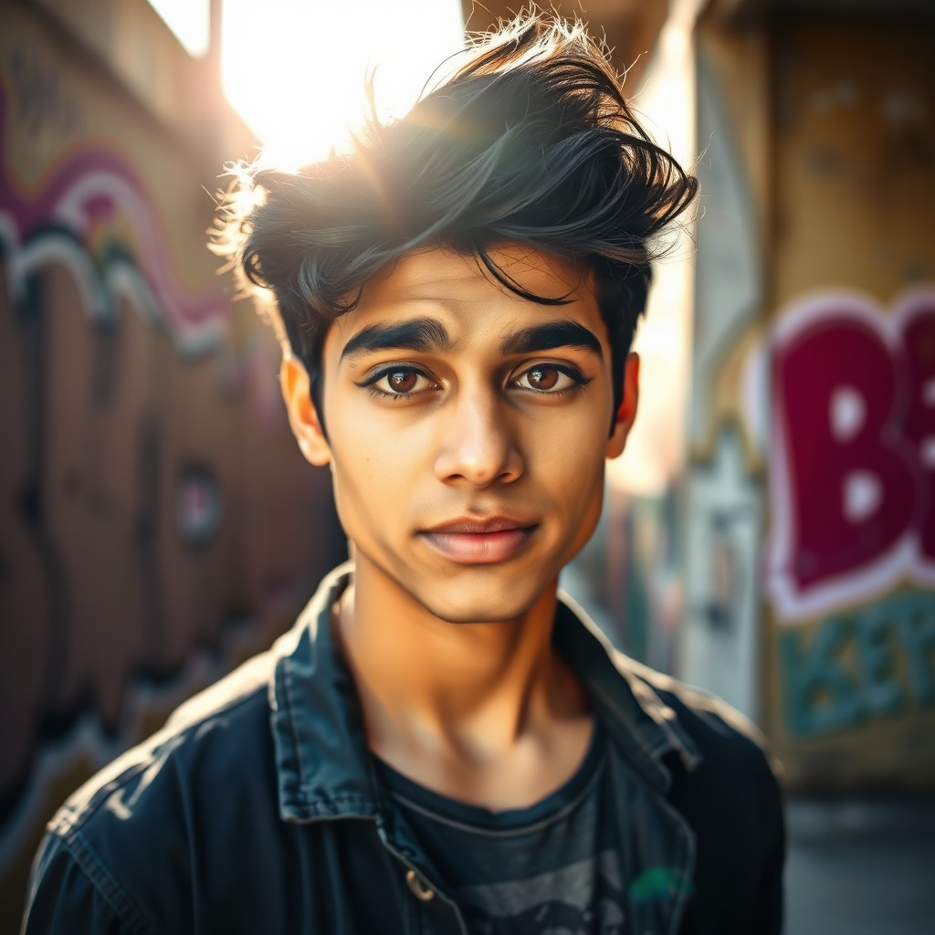 A vibrant portrait of a young man named Arjun, with deep brown eyes and short, tousled black hair, wearing a casual stylish outfit