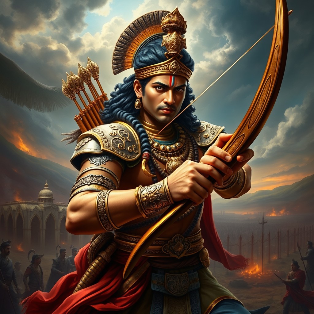 A striking depiction of Arjuna from the Mahabharata, a heroic figure in traditional Indian attire, wearing ornate armor with intricate designs