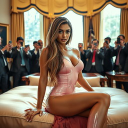 Inside the prestigious Oval Office, an 18-year-old Arabic woman radiates beauty as she sits elegantly on a lavish bed
