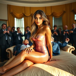 Inside the illustrious Oval Office, an 18-year-old Arabic woman captures attention as she gracefully sits on an extravagant bed