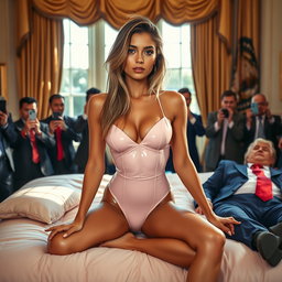 In the iconic Oval Office, an 18-year-old Arabic woman radiates beauty as she sits gracefully on an opulent bed