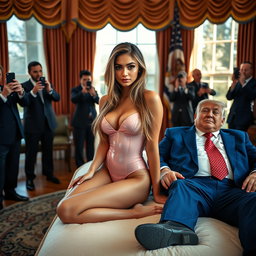 In the iconic Oval Office, an 18-year-old Arabic woman exudes beauty as she sits elegantly on a luxurious bed