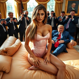 In the iconic Oval Office, an 18-year-old Arabic woman exudes beauty as she sits elegantly on a luxurious bed