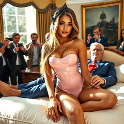 In the iconic Oval Office, an 18-year-old Arabic woman radiates beauty as she sits elegantly on a lavish bed, her head gently resting on a man's lap
