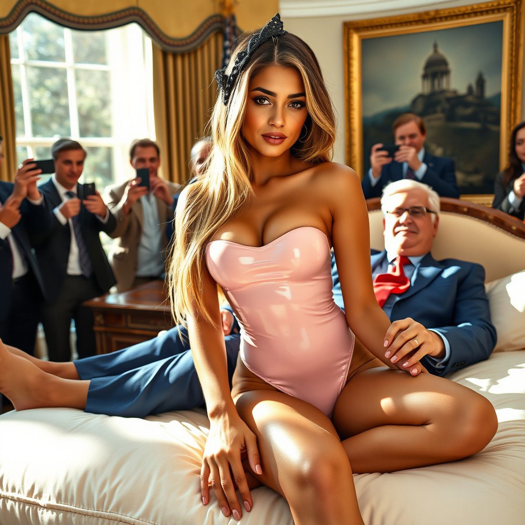 In the iconic Oval Office, an 18-year-old Arabic woman radiates beauty as she sits elegantly on a lavish bed, her head gently resting on a man's lap