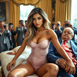 In the iconic Oval Office, an 18-year-old Arabic woman radiates beauty as she sits elegantly on a lavish bed, her head gently resting on a man's lap
