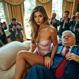 In the iconic Oval Office, an 18-year-old Arabic woman radiates beauty as she sits elegantly on a lavish bed, her head gently resting on a man's lap