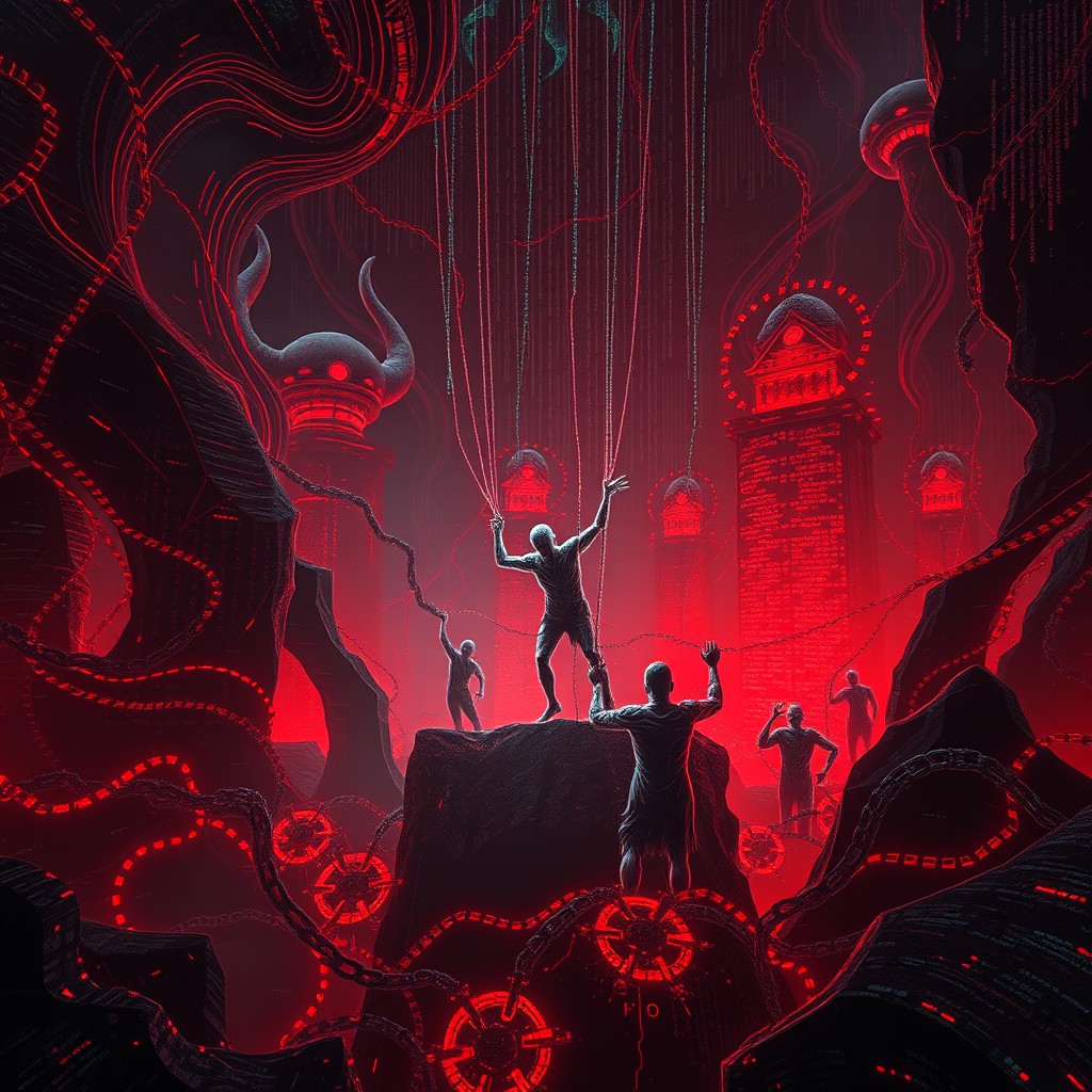 A digital and virtual version of Dante's Inferno, entitled 'Error 667', depicting lost souls trapped and tortured by their sins within a dark, cybernetic landscape