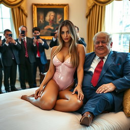 In a luxurious setting within the Oval Office, an 18-year-old Arabic woman exudes beauty as she sits elegantly on a fancy bed, her head gently resting on a man's lap
