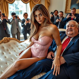In a luxurious setting within the Oval Office, an 18-year-old Arabic woman exudes beauty as she sits elegantly on a fancy bed, her head gently resting on a man's lap