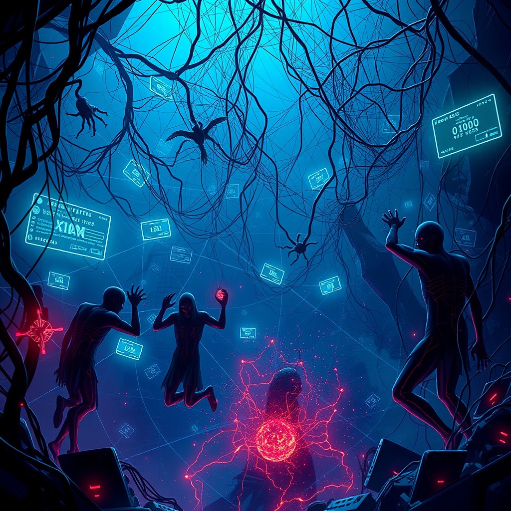 A digital version of Dante's Inferno, depicting tormented souls trapped in a web-like network, suffering for their digital sins