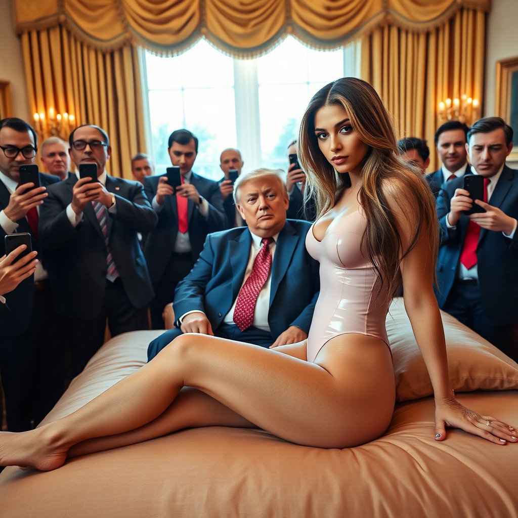 In the opulent setting of the Oval Office, an 18-year-old Arab woman radiates beauty as she sits elegantly on a luxurious bed, her head resting on a man's lap