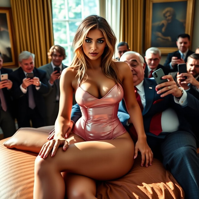In the opulent setting of the Oval Office, an 18-year-old Arab woman radiates beauty as she sits elegantly on a luxurious bed, her head resting on a man's lap