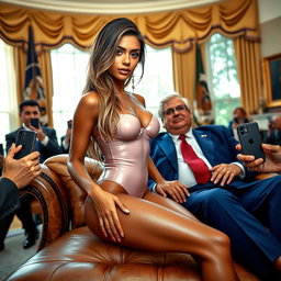 In the opulent environment of the Oval Office, an 18-year-old Arabic woman exudes enchanting beauty as she sits gracefully on a lavish bed, her head resting on a man's lap