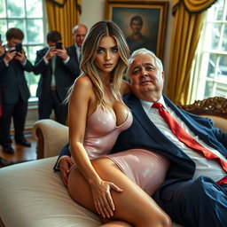 In the grand ambiance of the Oval Office, an 18-year-old Arabic woman exudes stunning beauty as she sits gracefully on an opulent bed, her head resting on a man's lap