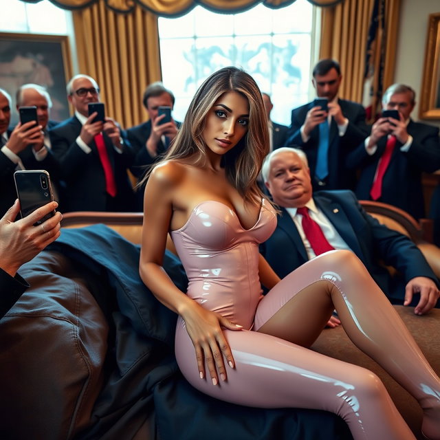 In the grand ambiance of the Oval Office, an 18-year-old Arabic woman exudes stunning beauty as she sits gracefully on an opulent bed, her head resting on a man's lap