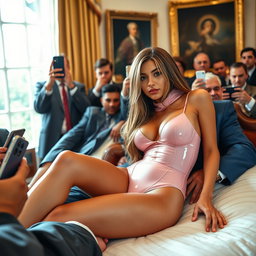 In the exquisite atmosphere of the Oval Office, an 18-year-old Arab woman captivates with her breathtaking beauty as she reclines on an extravagant bed, her head resting on a man's lap
