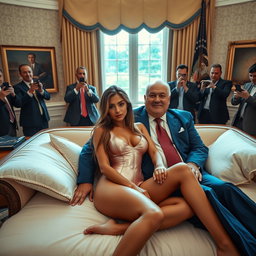 Inside the prestigious Oval Office, an 18-year-old Arabic woman radiates stunning beauty as she sits elegantly on a luxurious bed, her head resting on a man's lap