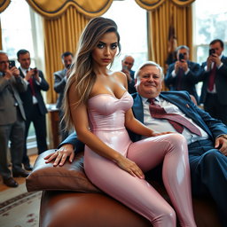 Inside the prestigious Oval Office, an 18-year-old Arabic woman radiates stunning beauty as she sits elegantly on a luxurious bed, her head resting on a man's lap