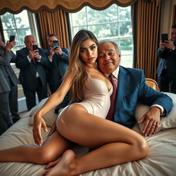 Inside the illustrious Oval Office, an 18-year-old Arabic woman captivates with her stunning beauty as she elegantly reclines on a lavish bed, her head resting comfortably on a man's lap