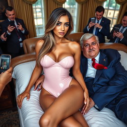 Inside the illustrious Oval Office, an 18-year-old Arabic woman captivates with her stunning beauty as she elegantly reclines on a lavish bed, her head resting comfortably on a man's lap