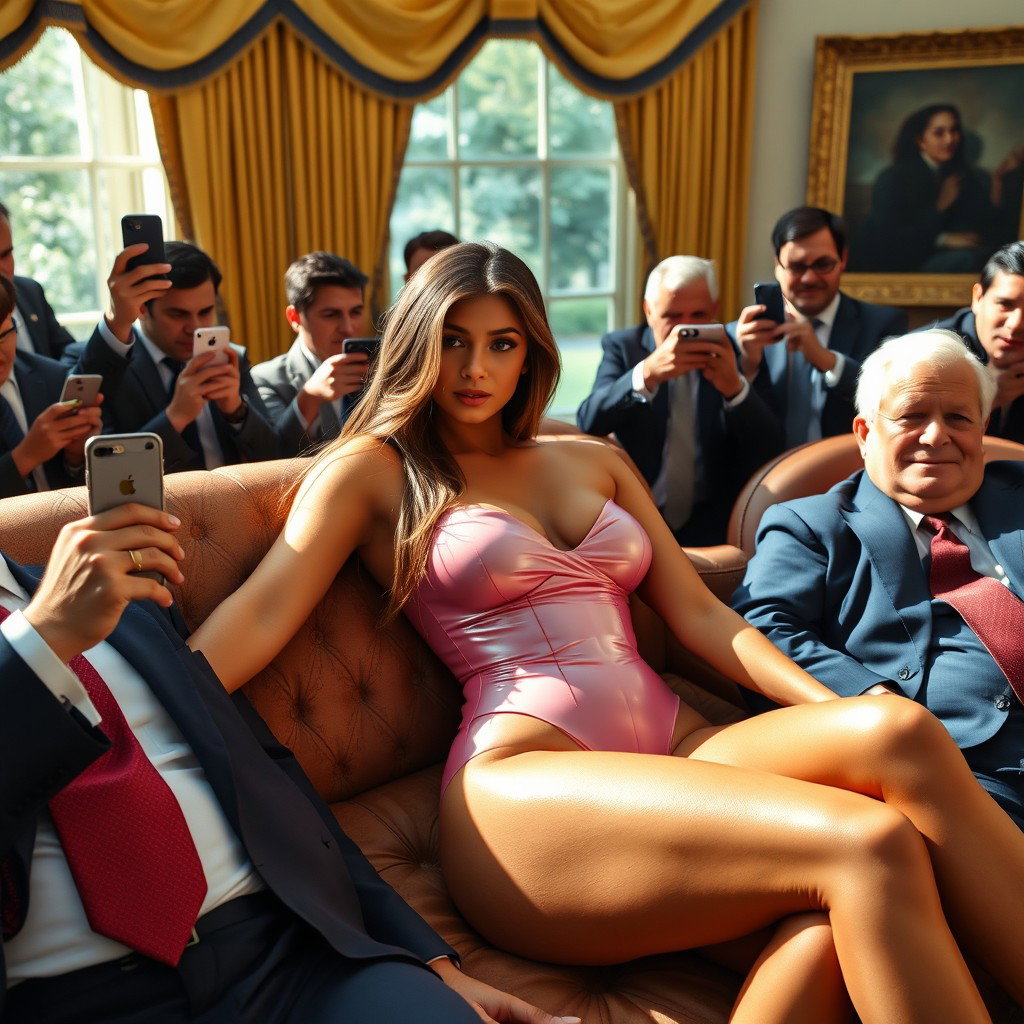 In the iconic Oval Office, an 18-year-old Arabic woman exudes beauty as she reclines on an opulent bed, her head comfortably resting on a man's lap