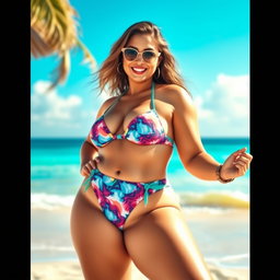 A visually striking depiction of a confident plus-sized woman in a stylish bikini, embracing her curves and showcasing body positivity