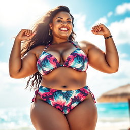 A visually striking depiction of a confident plus-sized woman in a stylish bikini, embracing her curves and showcasing body positivity
