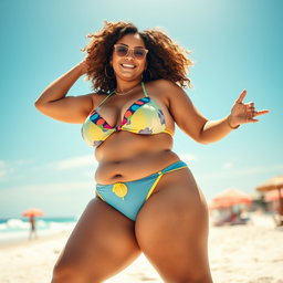 A visually striking depiction of a confident plus-sized woman in a stylish bikini, embracing her curves and showcasing body positivity
