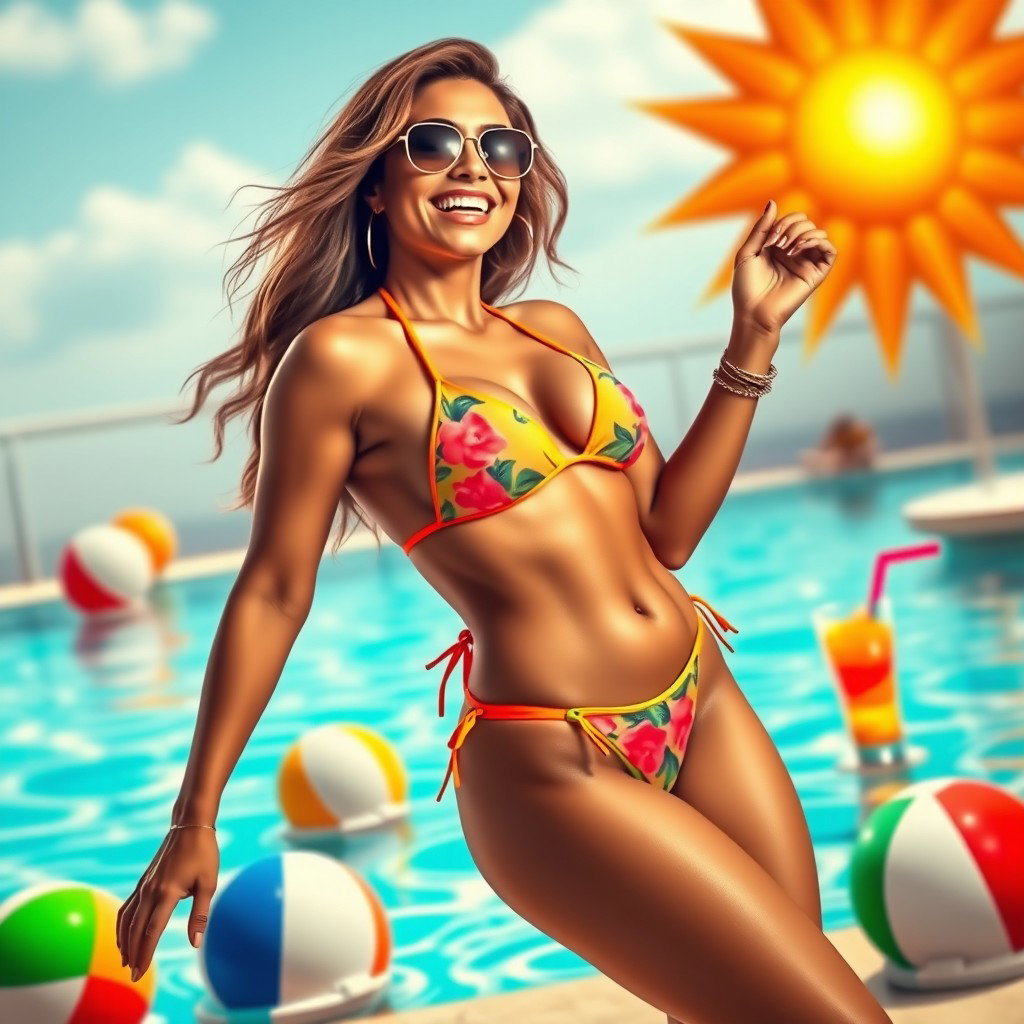 A vibrant and colorful scene featuring a confident woman in a stylish bikini, radiating joy and self-assurance