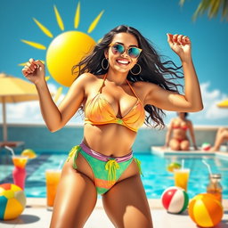 A vibrant and colorful scene featuring a confident woman in a stylish bikini, radiating joy and self-assurance