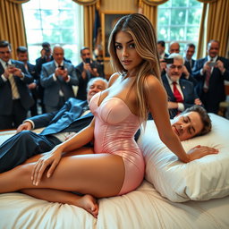In the grand setting of the Oval Office, an 18-year-old Arabic woman mesmerizingly reclines on an opulent bed, her head resting gently on a man's lap