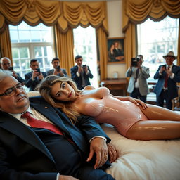 In the grand setting of the Oval Office, an 18-year-old Arabic woman mesmerizingly reclines on an opulent bed, her head resting gently on a man's lap