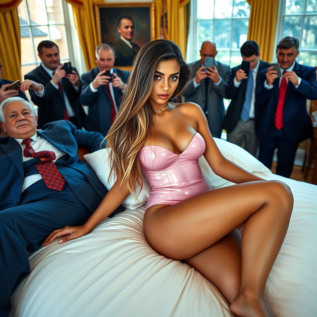 Set in the prestigious Oval Office, an 18-year-old Arabic woman captivates with her stunning beauty, lounging on an elegantly appointed bed, her head resting on a man’s lap