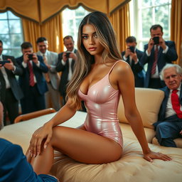 In the opulent Oval Office, an 18-year-old Arabic woman captivates as she sits gracefully on a lavish bed, her head positioned attractively