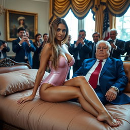 In the opulent Oval Office, an 18-year-old Arabic woman captivates as she sits gracefully on a lavish bed, her head positioned attractively