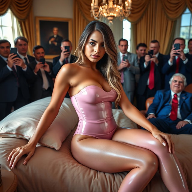 In the opulent Oval Office, an 18-year-old Arabic woman captivates as she sits gracefully on a lavish bed, her head positioned attractively