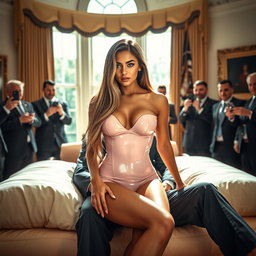 In the iconic Oval Office, an 18-year-old Arabic woman exudes beauty as she sits elegantly on a man's lap on a luxurious bed