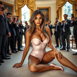 In the prestigious Oval Office, an 18-year-old Arabic woman enchants with her beauty as she sits elegantly on the floor