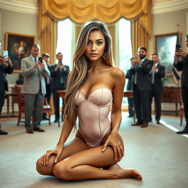 In the prestigious Oval Office, an 18-year-old Arabic woman enchants with her beauty as she sits elegantly on the floor