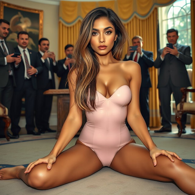 In the iconic Oval Office, an 18-year-old Arabic woman exudes beauty as she sits gracefully on the floor