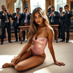 In the iconic Oval Office, an 18-year-old Arabic woman captivates with her stunning appearance as she sits gracefully on the floor