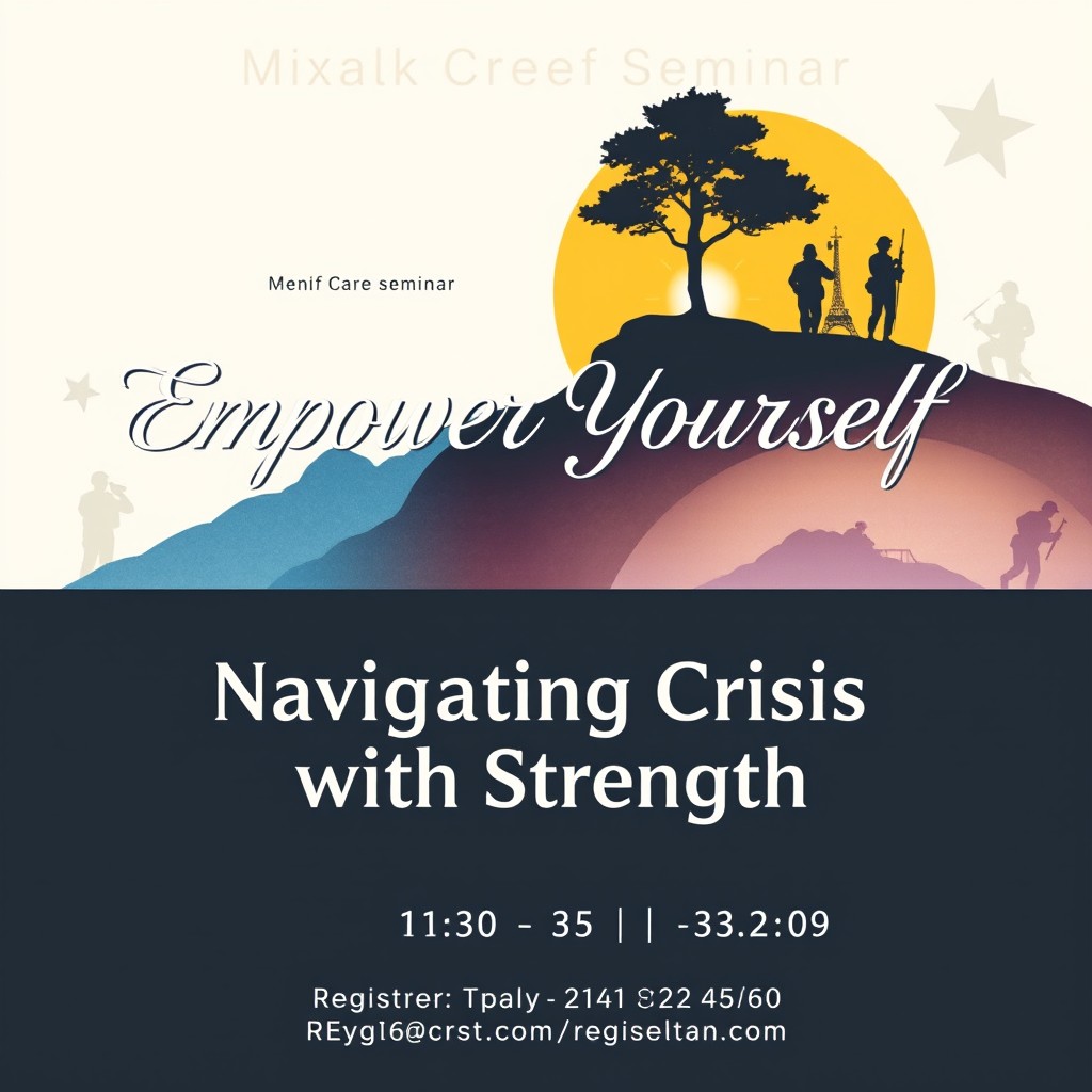 A visually engaging poster design for a self-care seminar focusing on mental health during military crises