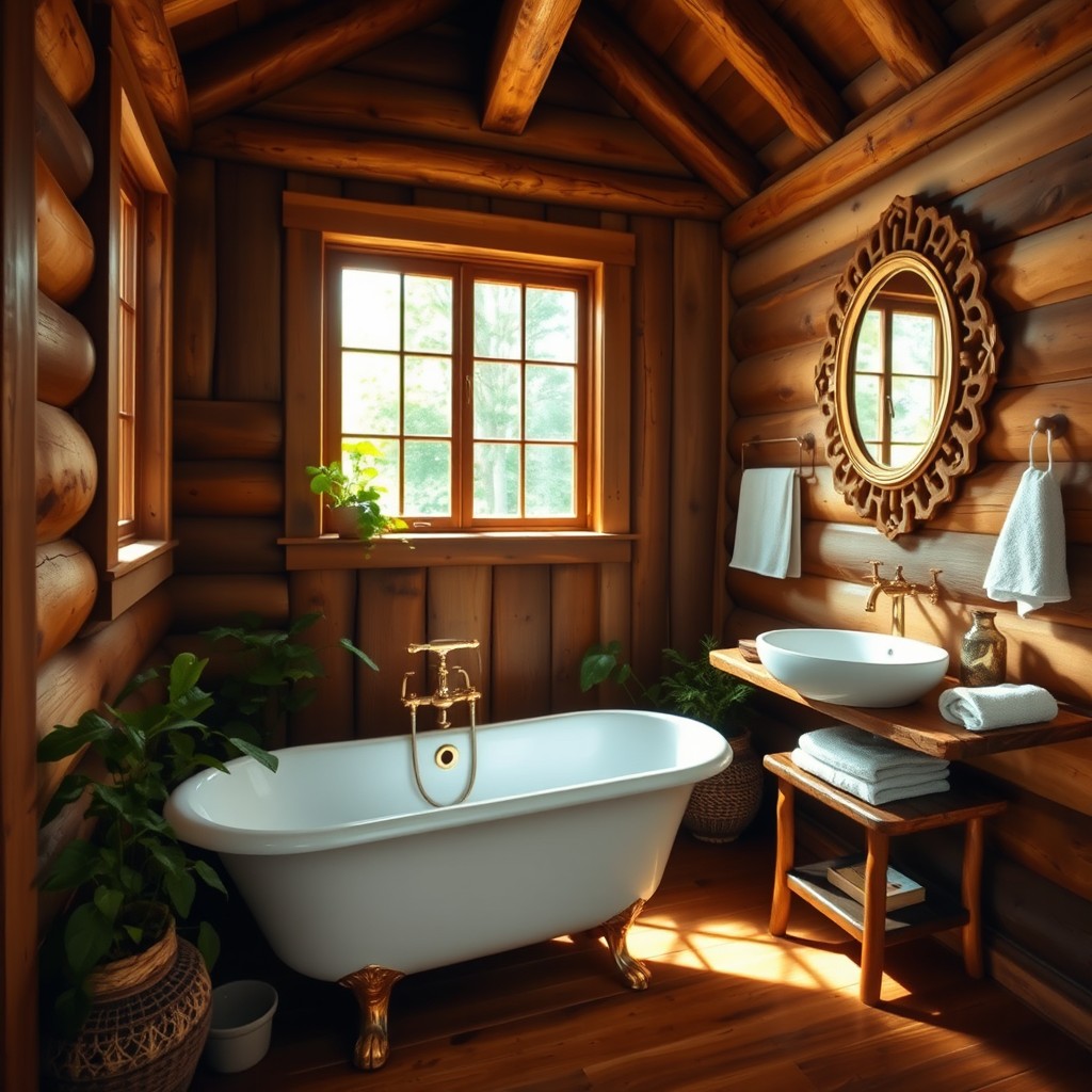 A cozy bathroom inside a wooden house, showcasing rustic wooden beams and walls